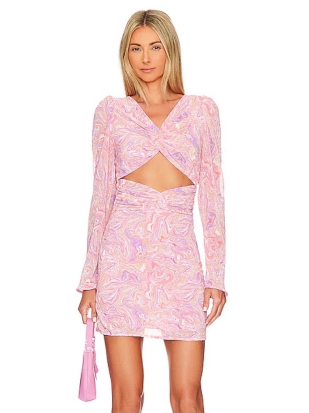 LoveShackFancy Nanita Mini Dress Golden Maize Pink Print Cutout Long Sleeve S